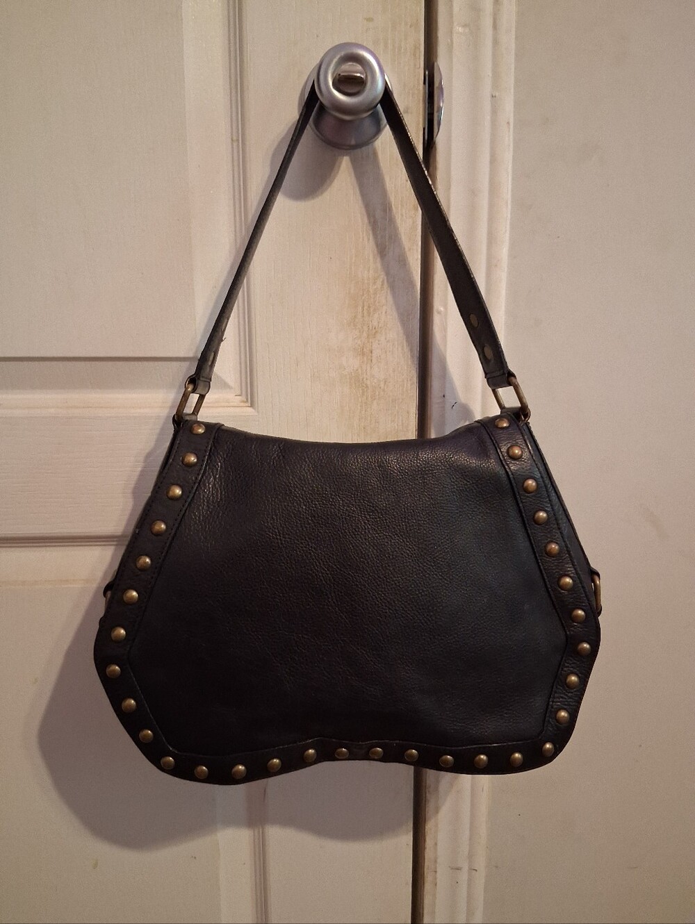 Kate Landry Stud-Trim Black Leather Slouchy Shoulder Bag